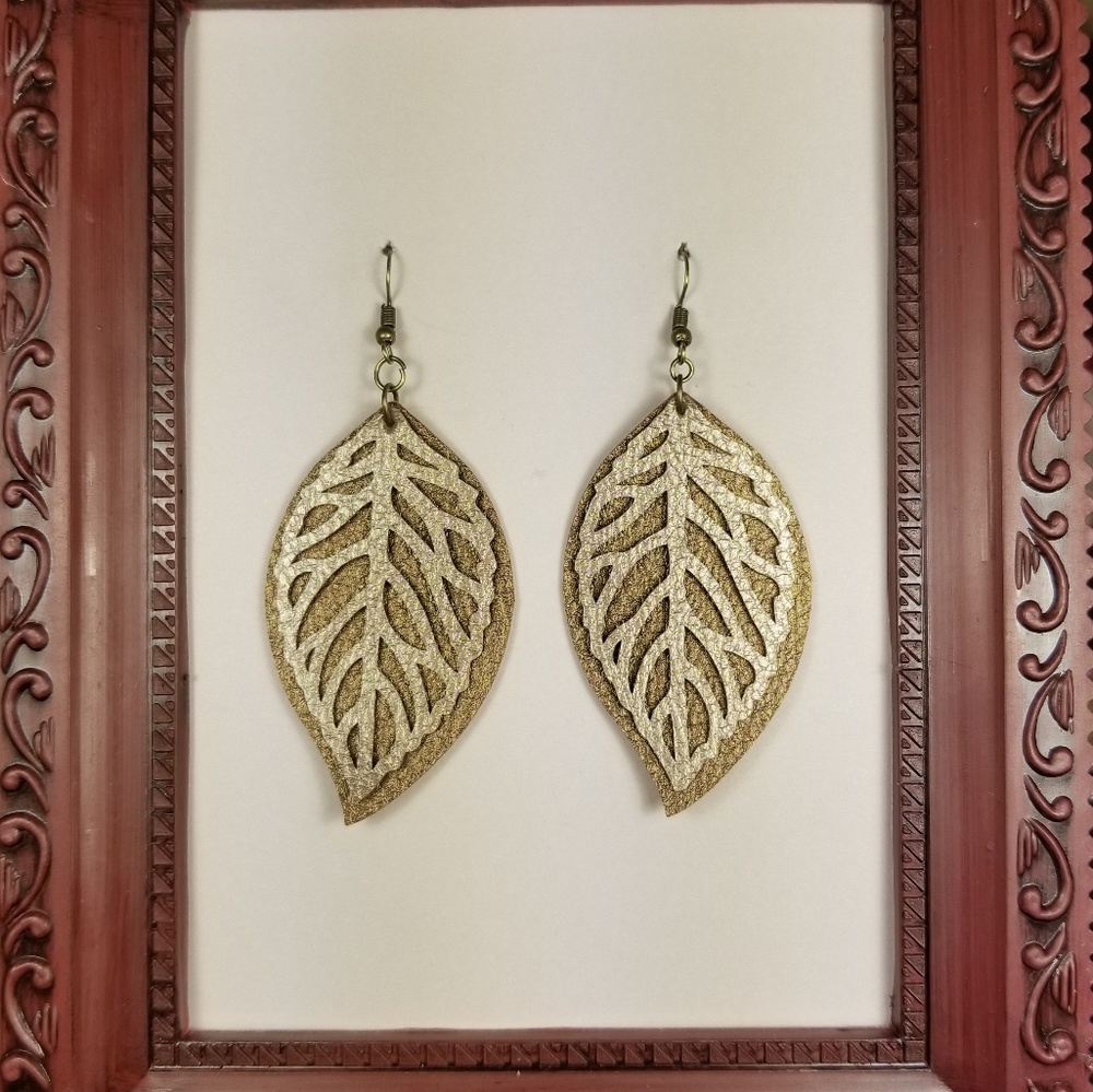 💎Handmade Leather Gold and Bronze Leaf Earrings